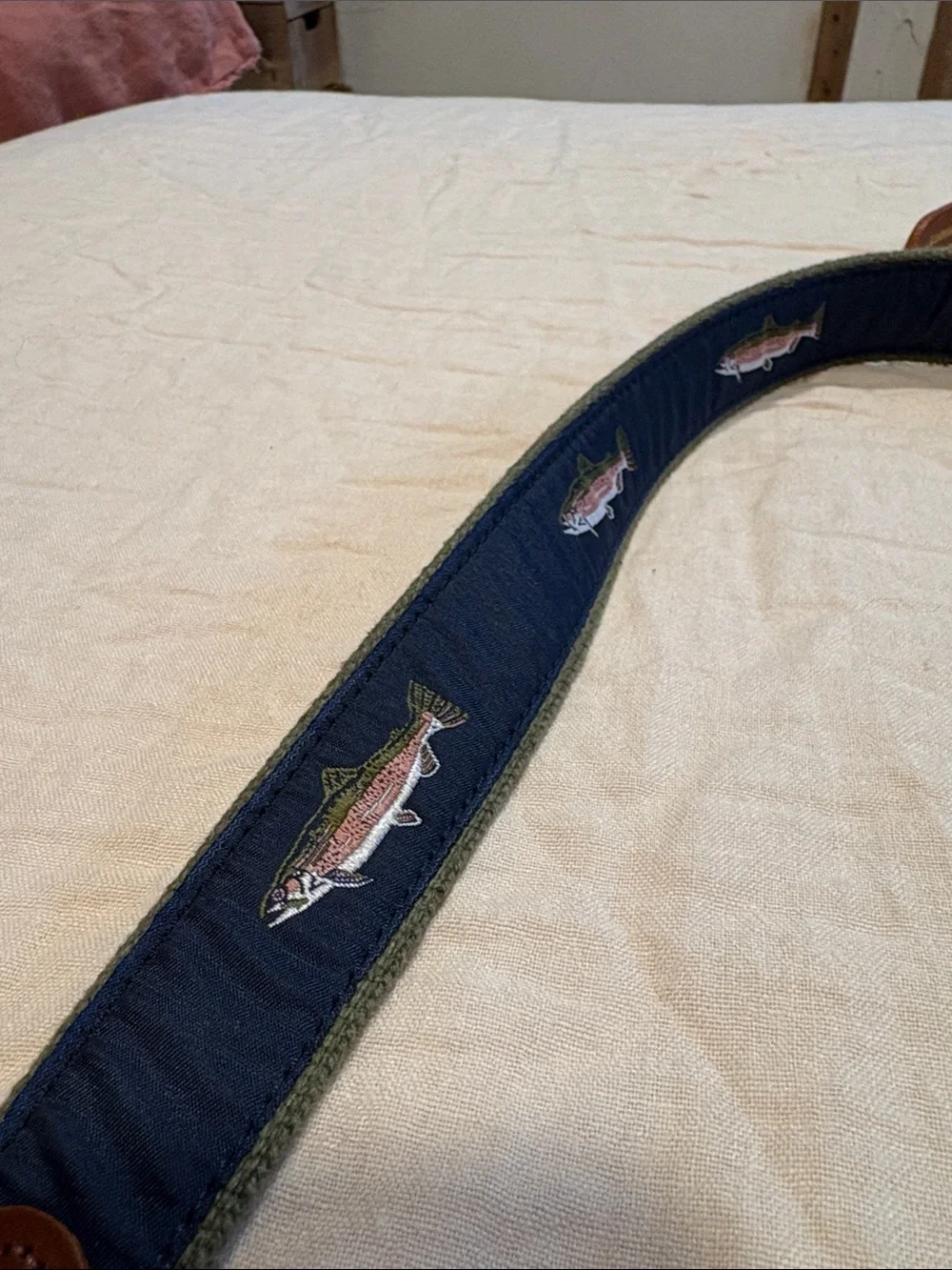 Men's Navy & Brown Embroidered Canvas Belt with Brass Buckle